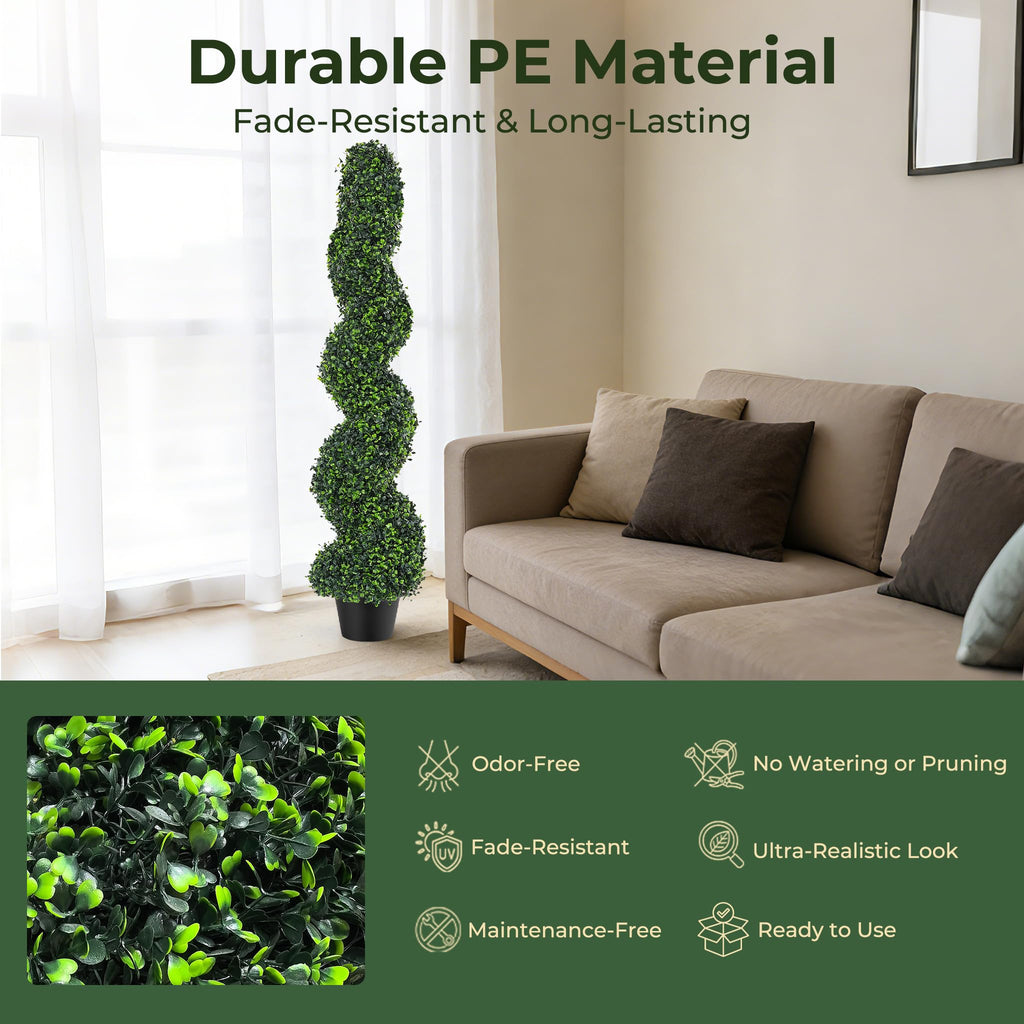 4FT Artificial Boxwood Spiral Topiary Trees Set of 2, UV Resistant Faux Evergreen Topiary Plants in Pots, Outdoor