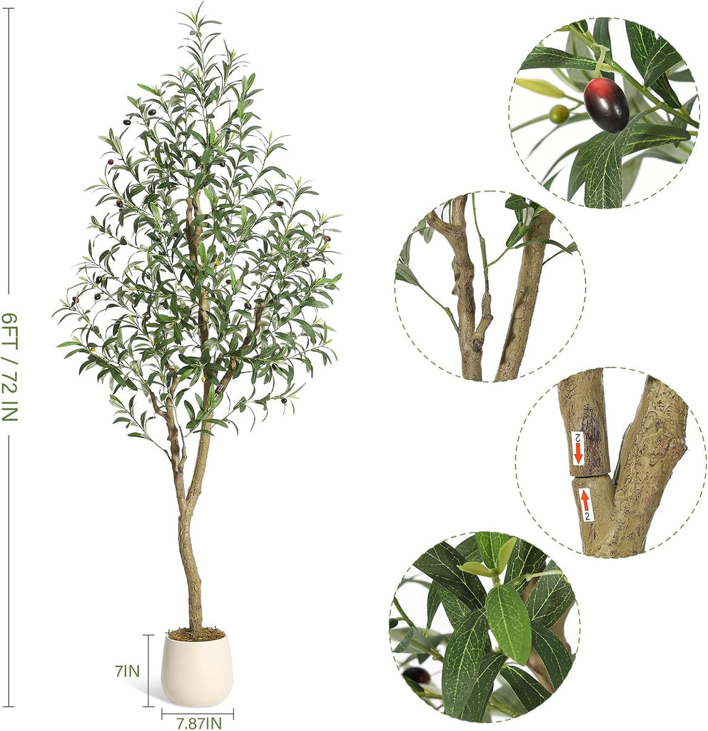 Olive Trees Artificial Indoor, 6 ft Tall Faux Silk Plant - Fake Potted Tree with White Planter, Artificial Plants