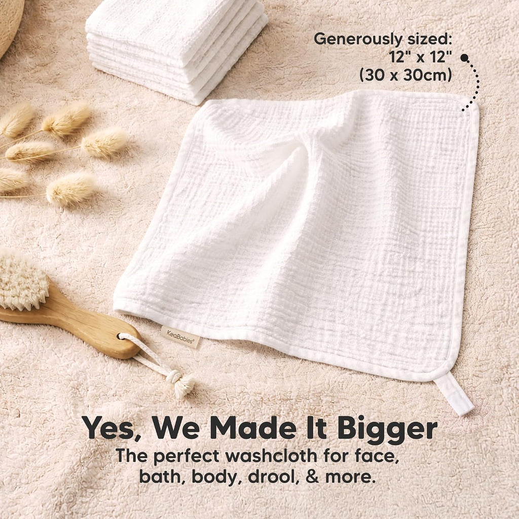 10pk Muslin Baby Washcloths for Newborn, 12x12 Soft Absorbent (Soft White)