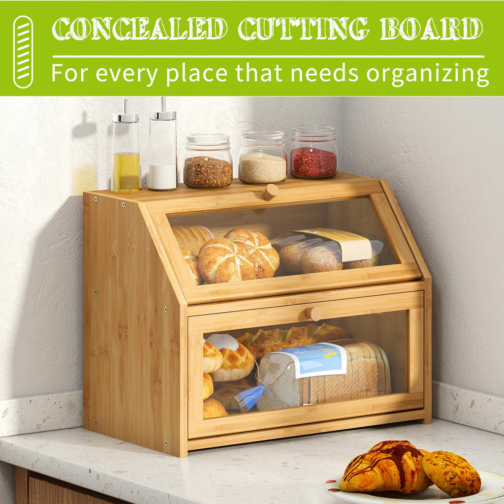 Bread Box - Farmhouse Countertop Double Layer Bamboo Wooden Extra Large Capacity B Food Storage Container(Natural)