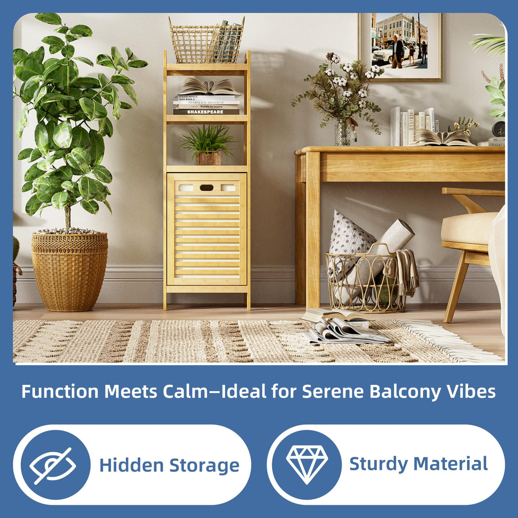 Tilt Out Laundry Hamper, Bamboo Laundry Basket with Foldable Bag and 3 Open Shelves, Freestanding Clothes Storage