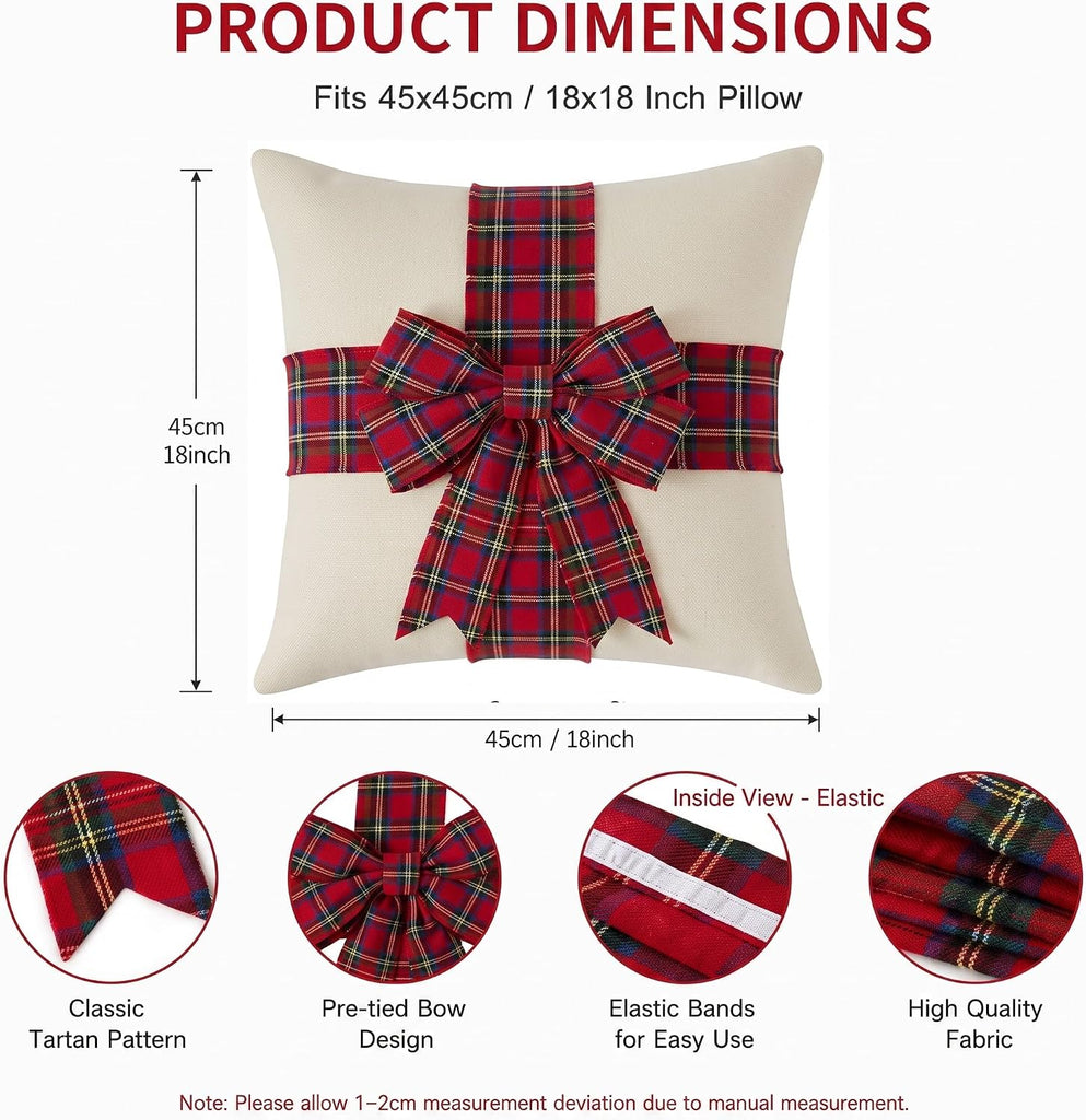 Christmas Pillow Covers with 3D Red Plaid Bow - Set of 2