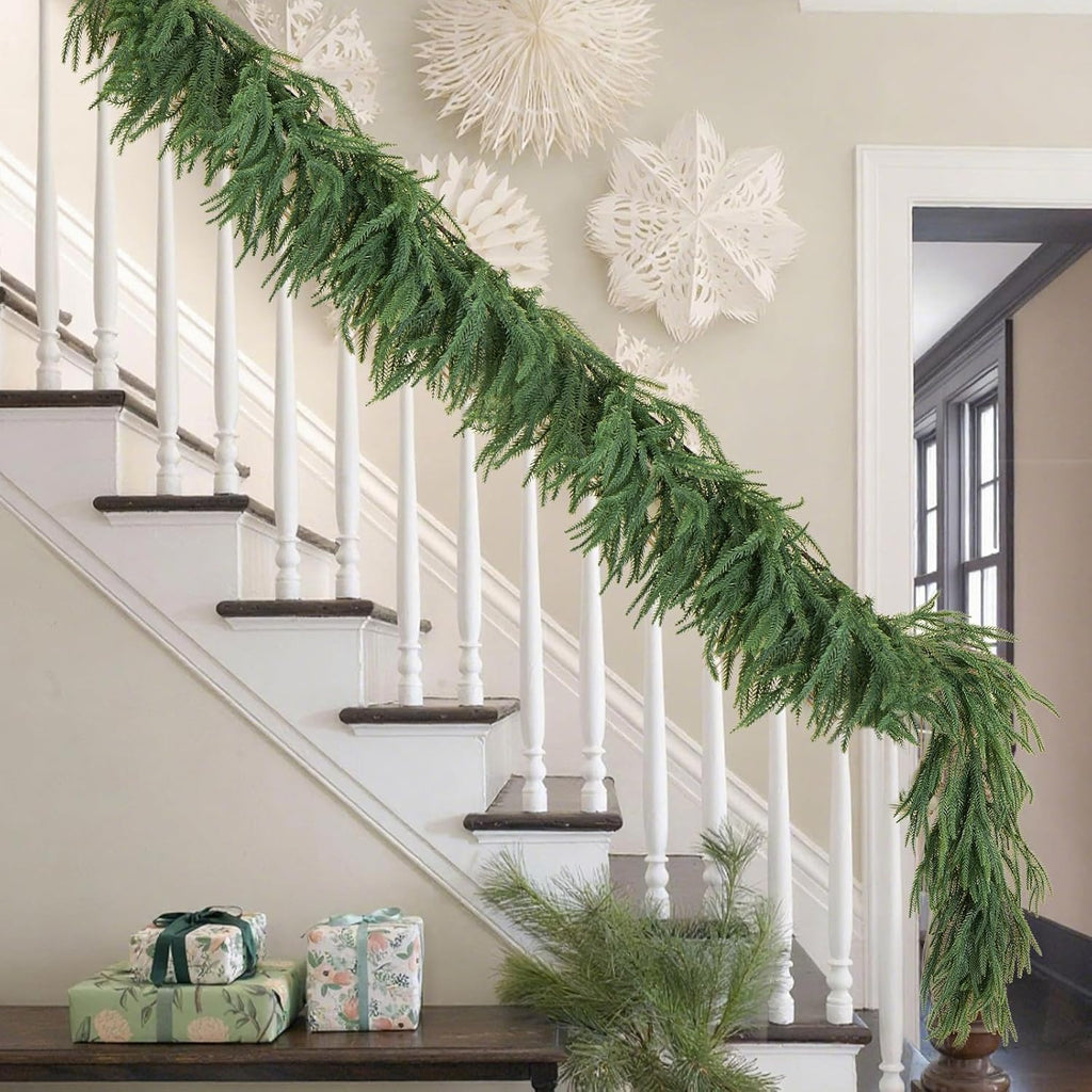 9FT Artificial Norfolk Pine Garland, Realistic Christmas Greenery Garland for Mantle, Staircase, Banister, Fireplace - Set of 9