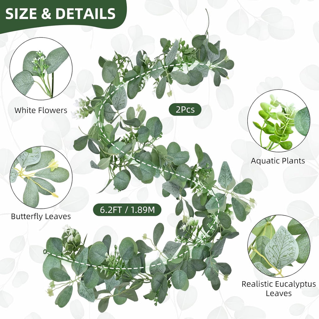 Artificial Eucalyptus Garlands - 6ft Greenery Vines with Faux Eucalyptus Leaves, Butterfly Leaves, and White - Set of 2