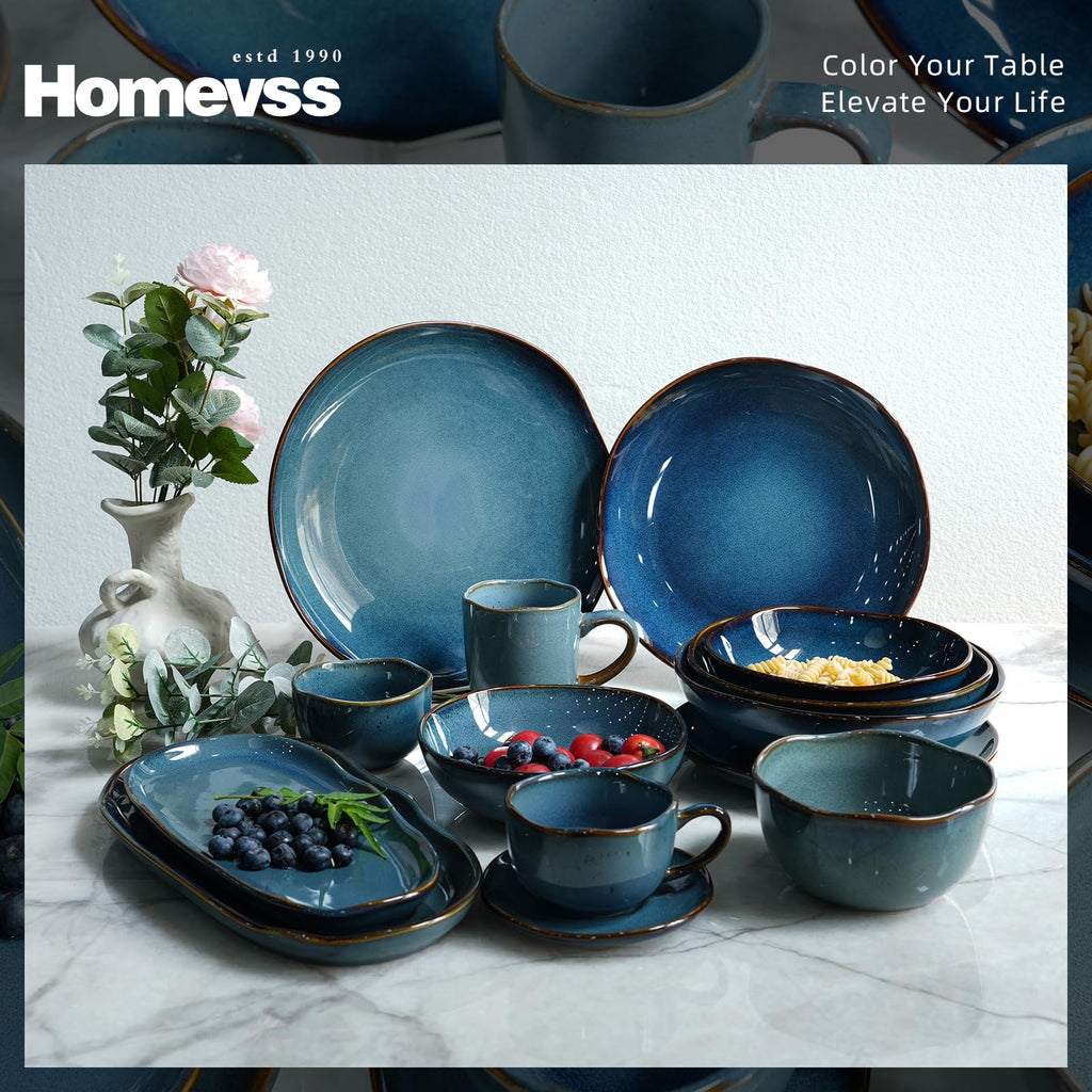 Highland 16pc Dinnerware Set, Unique Organic Shape Double Bowl, Stoneware Plate & Bowl Dish Set Service For 4