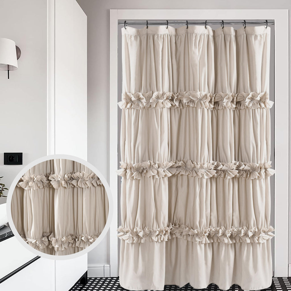Camel Ruffle Stall Shower Curtain, Vintage Handcrafted Bow Tie Bath Curtain for Master Bathroom, Ruched Microfiber