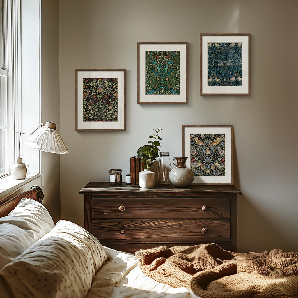 Framed William Morris Canvas Wall Art, 4 Piece Vintage Botanical Floral Bird Wall Art Decor, Retro Strawberry Thief