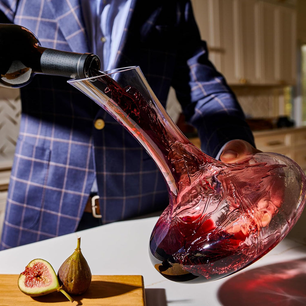 Large Elegant Red Wine Decanter with Aerator Pourer, 1600ml. - Hand Blown Lead-Free Crystal Glass Carafe