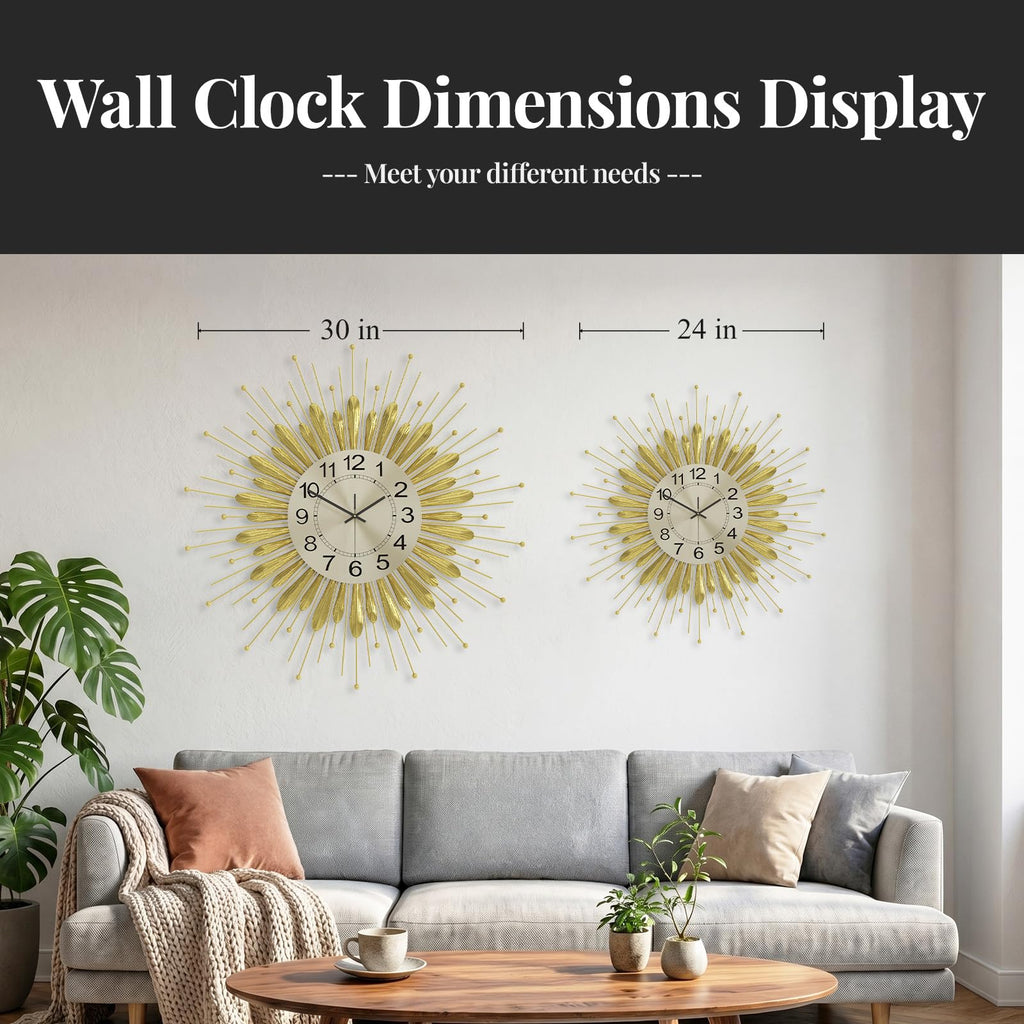 Large Gold Wall Clock 30 Inch Mid Century Sunburst Decorative Clock