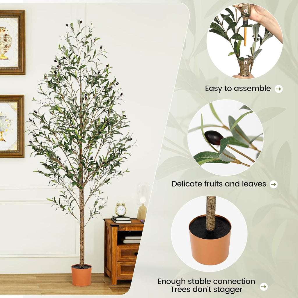 7FT Artificial Olive Tree Indoor Tall Realistic Faux Olive Tree with Plastic Planter, Fake Silk Tree with Handcrafted