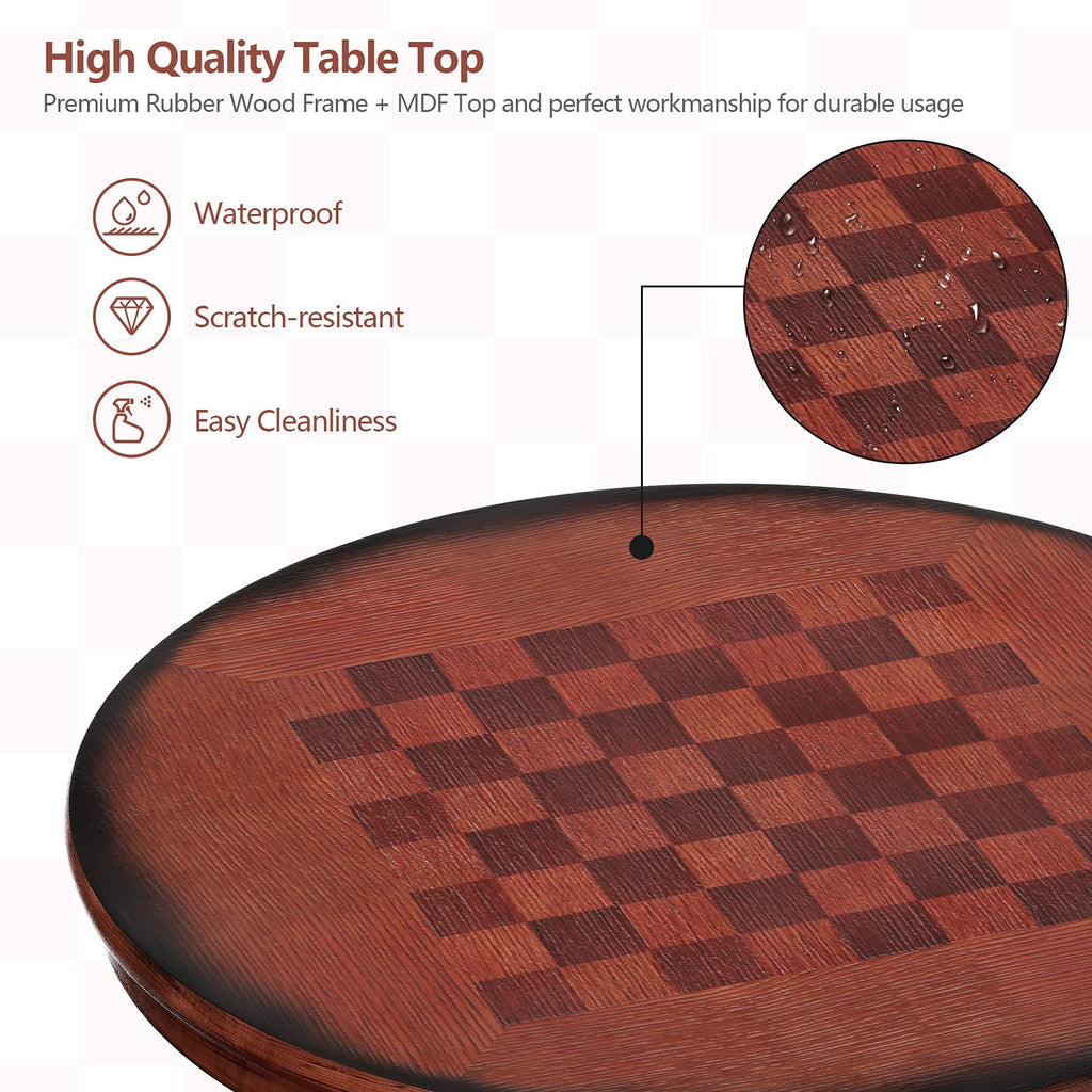 3 Piece Bar Table and Chairs Set, Round Counter Height Dining Table with Chessboard, 2 Upholstered Swivel Bar Stools