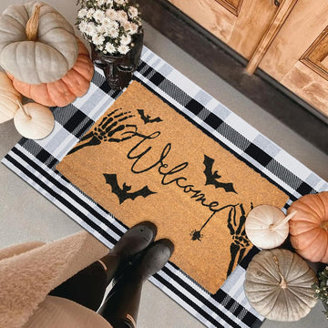 Halloween Welcome Door Mat Combo Set, Skeletal Hand Coco Coir Doormat -28" x 43" Black and White Striped Rug, Autumn