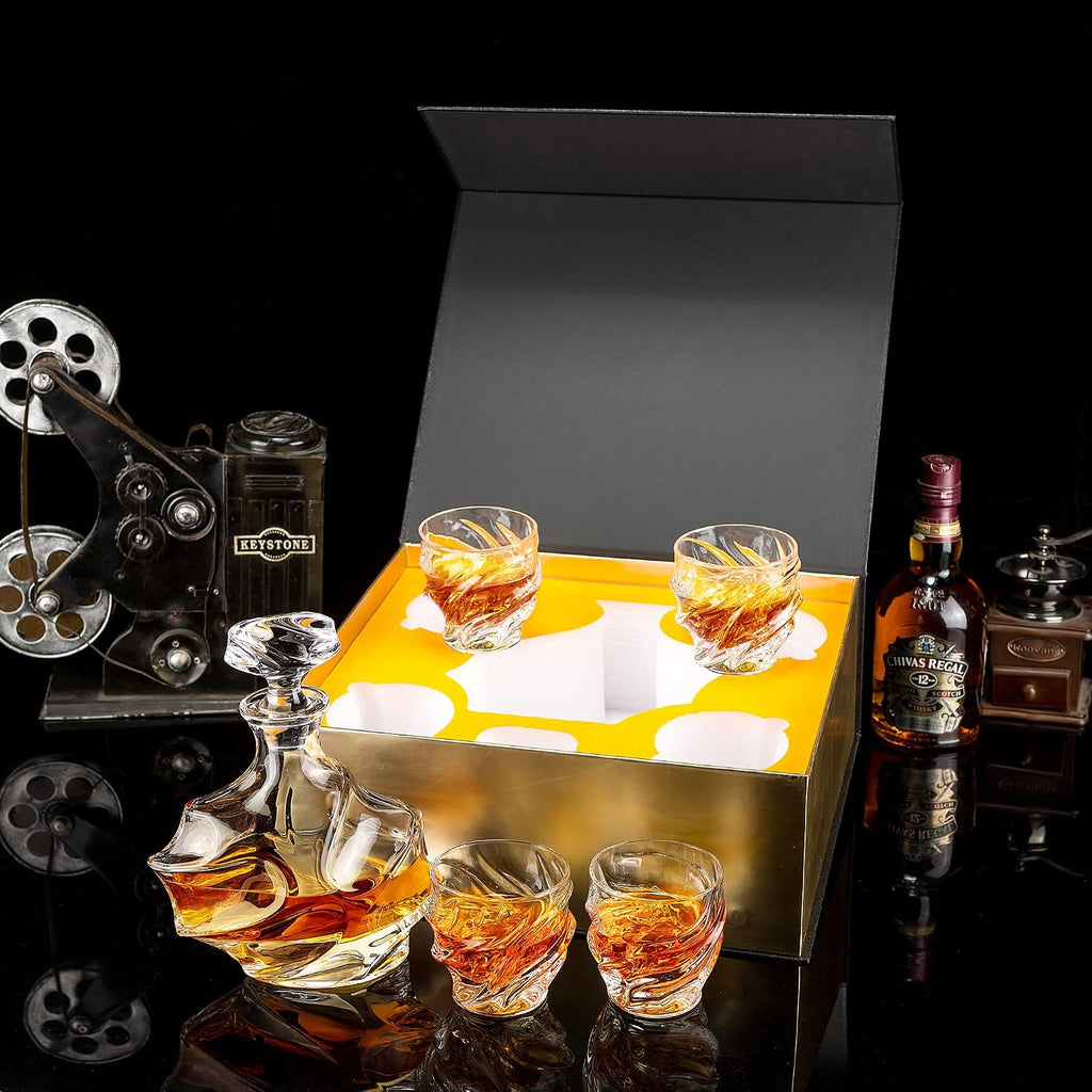 Whiskey Decanter Set - 25 Oz Crystal Liquor Decanter Carafe with 4 Rock Glasses 9 Oz For Bourbon, Scotch, Vodka, Rum - Set of 5
