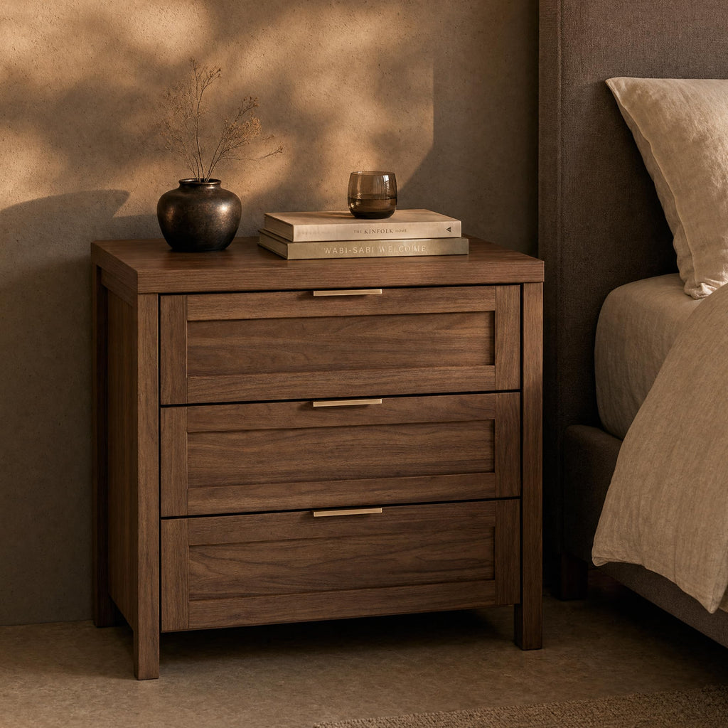 Nightstands Set of 2, 3 Drawer Bedside Table, Special Walnut