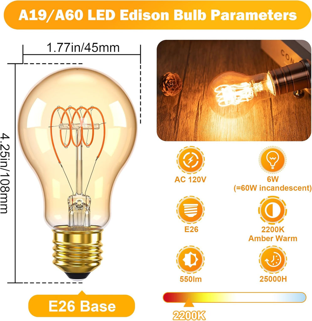 A19 Dimmable LED Amber Light Bulbs, 6W (60W Eq), E26, 2200K Warm, 2Pack
