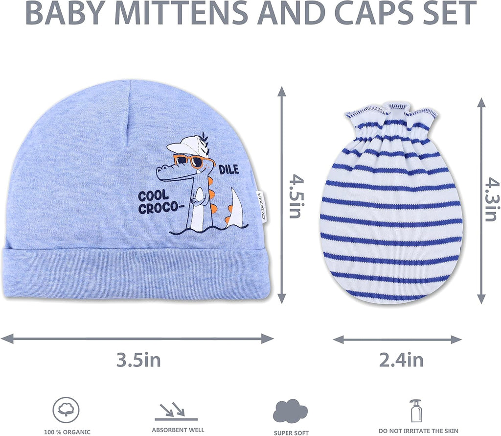 Organic Cotton Baby Mittens and Caps Set - Mittens for Newborn - Ultra Soft, No Scratch - 5 Caps x 3
