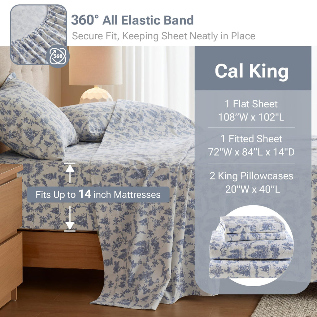 Cozy Flannel Sheets 100% Cotton, Cal King Sheet Set, 4psc