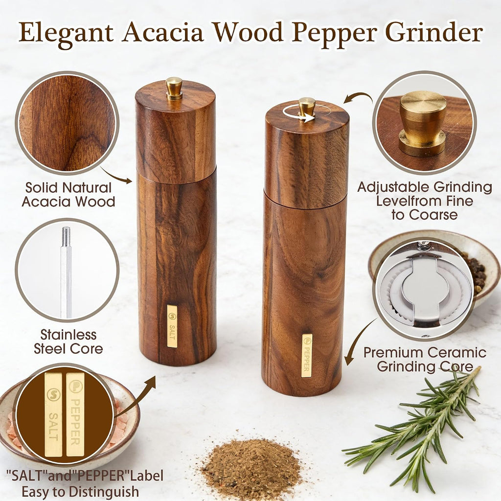 Acacia Wooden Salt and Pepper Grinder Set with Gold Label, Premium 8 Inches salt and pepper shakers, Manual - Set of 2