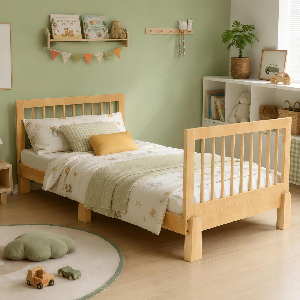 Montessori Floor Bed with Guardrails for Kids, Natural