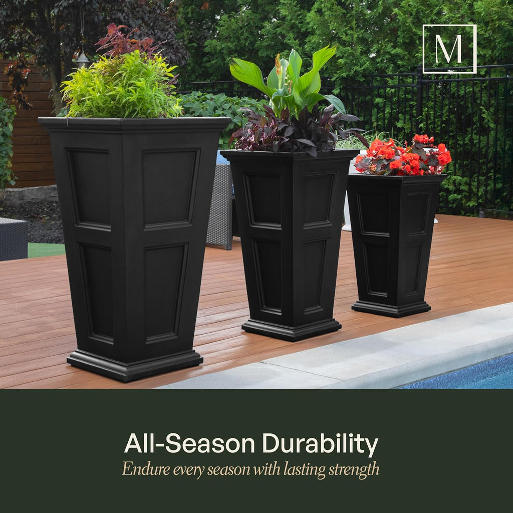 Fairfield 34in Self-Watering Tall Square Planter, Black | Self-watering, All season, Fade resistant, Reversible