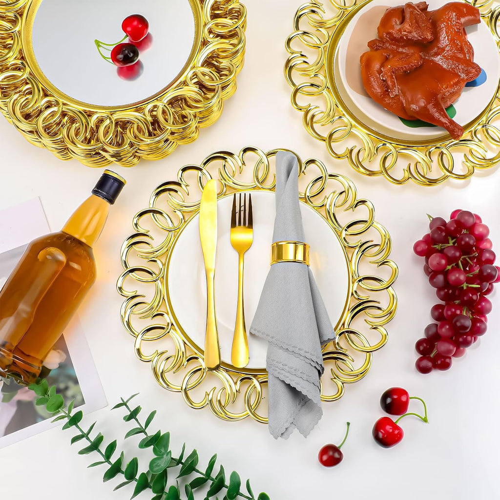 Inch Gold Charger Plates Bulk Mirror Chargers with Entwined Swirl Rim Round Dinner Chargers Glass Charger - Set of 12