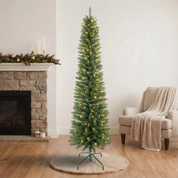 Pre-Lit Slim Pencil Artificial Christmas Tree with Lights, Skinny Green