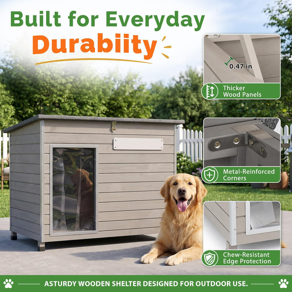 Large Dog House, 43.7-Inch Wooden Outdoor Shelter, Metal Frame