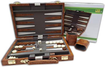 18-Inch Brown & White Vinyl Backgammon Set with Velour Interior, Sewn Points, Dice Cups and Doubling Cube.