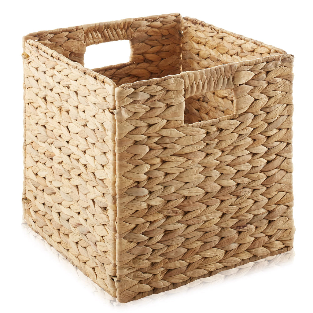 10.5" x 10.5" Water Hyacinth Storage Baskets, Natural - Set of 6 Collapsible Cube Organizers, Woven Bins, Laundry