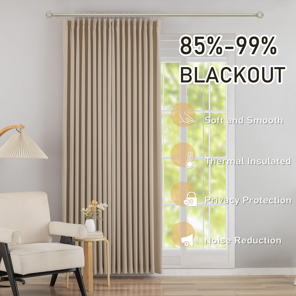 Sand Pinch Pleated Blackout Curtains with Hooks - 144 inches Extra Long Room Darkening Thermal Insulated Window