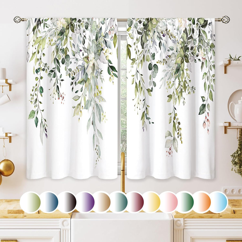 Eucalyptus Botanical Leaves Floral Kitchen Window Curtains Over Sink Boho Farmhouse Flower Leaf Small Window
