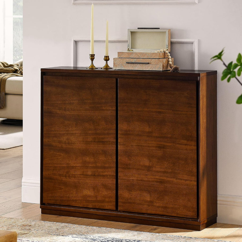 39" Accent Cabinet Walnut Mid Century Modern Slim Sideboard Storage Console | 9.25''D Thin Credenza, 2 Doors, Cable