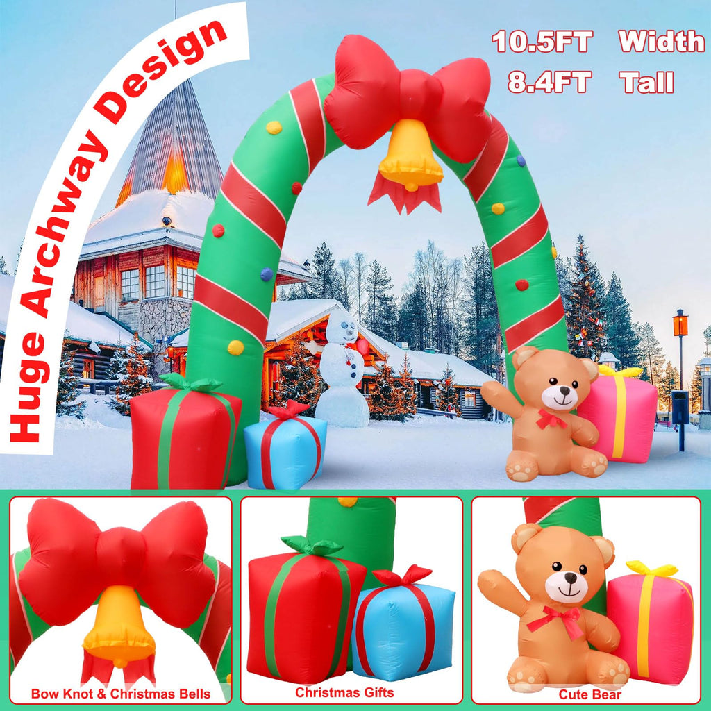 10FT Christmas Inflatable Outdoor Decorations Candy Cane Christmas Archway Inflatables with Bow Bells Bear Gift Box