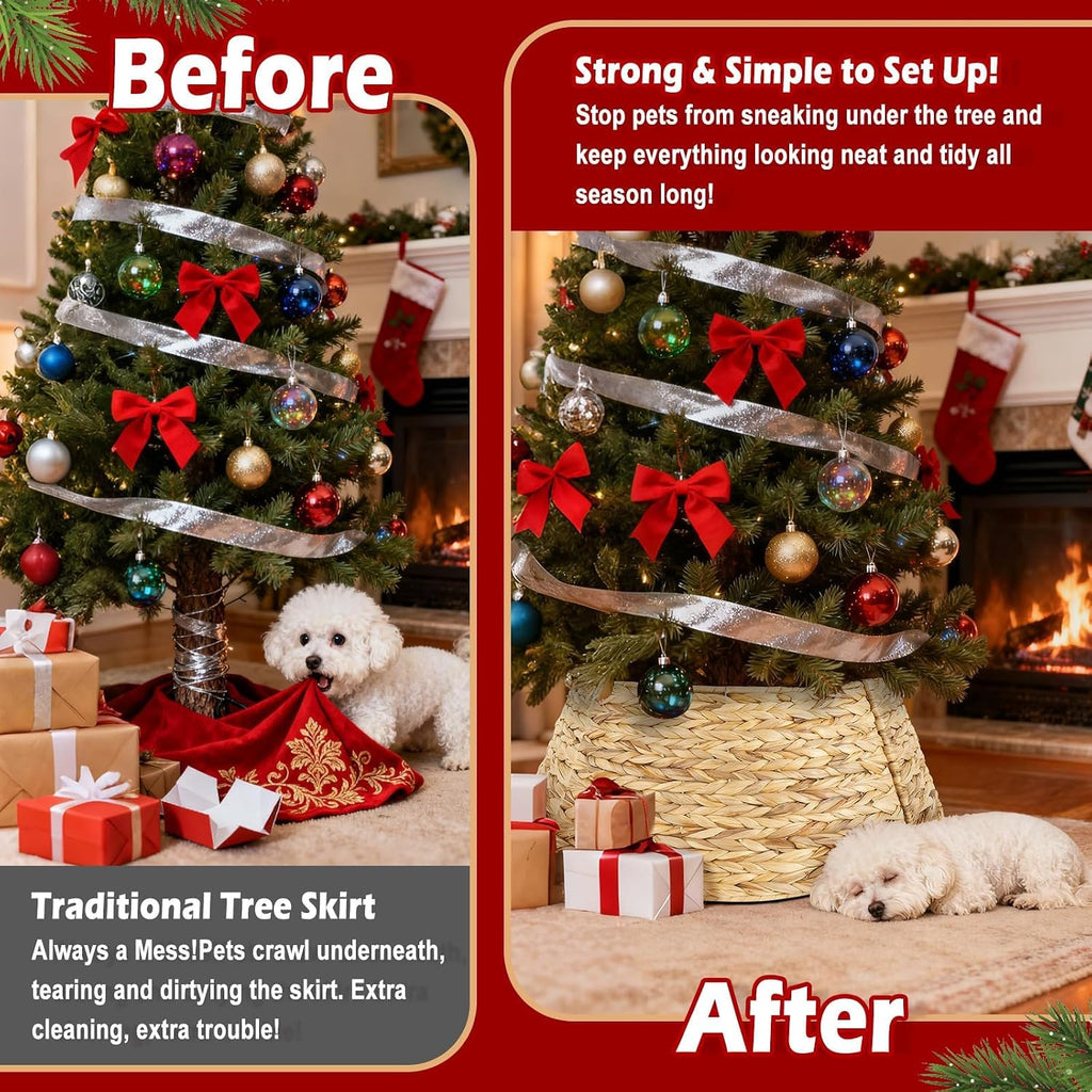 27" Hyacinth Christmas Tree Collar, Rustic Woven Rattan Tree Skirt Ring, 4 Piece Wicker Basket Base Cover with Cord