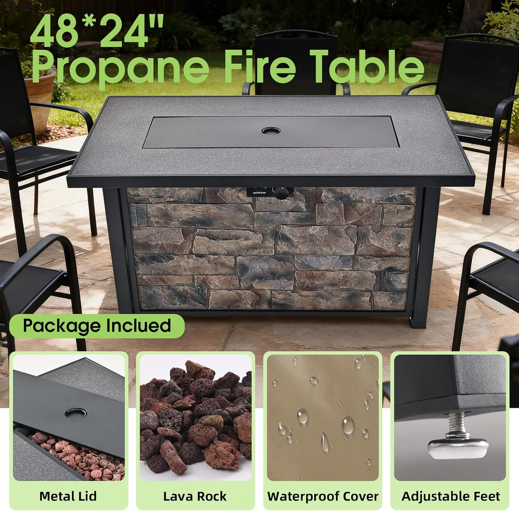 48 Inch Rectangular Propane Fire Pit Table, 50000 BTU, Metal Top | Stone-look Panels, with Metal Lid, Lava Rocks &