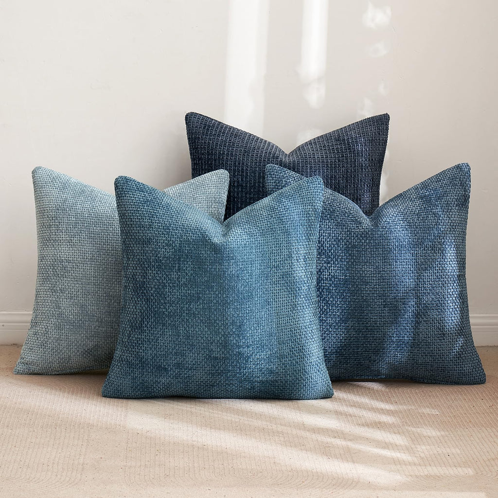 Soft Decorative Chenille Pillow Covers Blue Series 20x20 Pack of 4