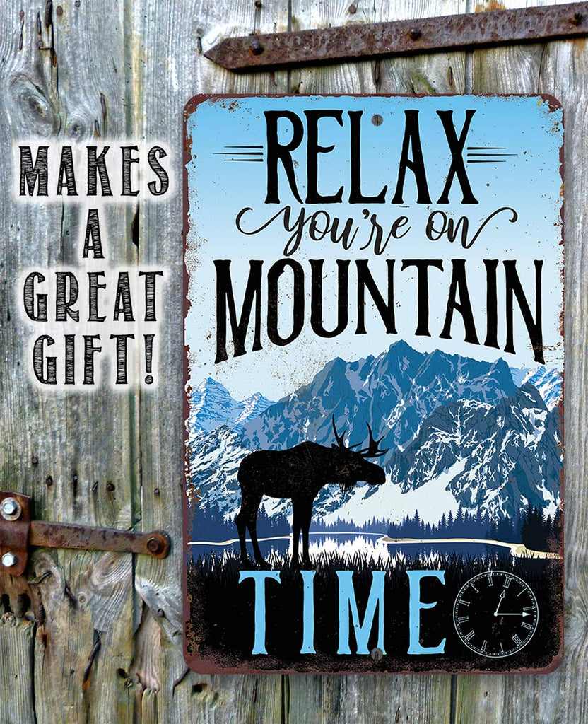 Vintage Ski Sign - "Relax, You're on Mountain Time" Metal Wall Art, 8x12 Rustic Ski Lodge Decor for Cabin, Condo, or