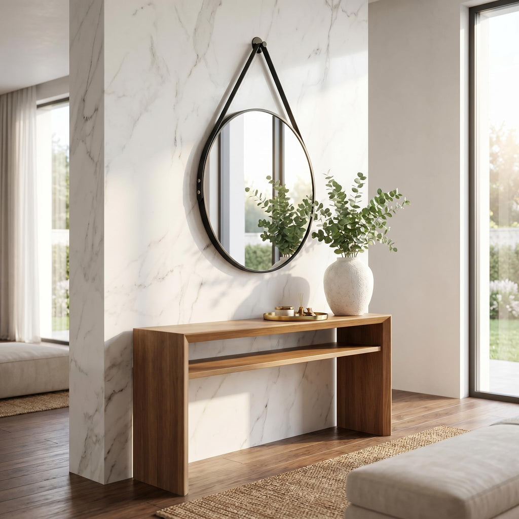 16" Black Round Mirror, Circle Wall Mirror with Leather Strap