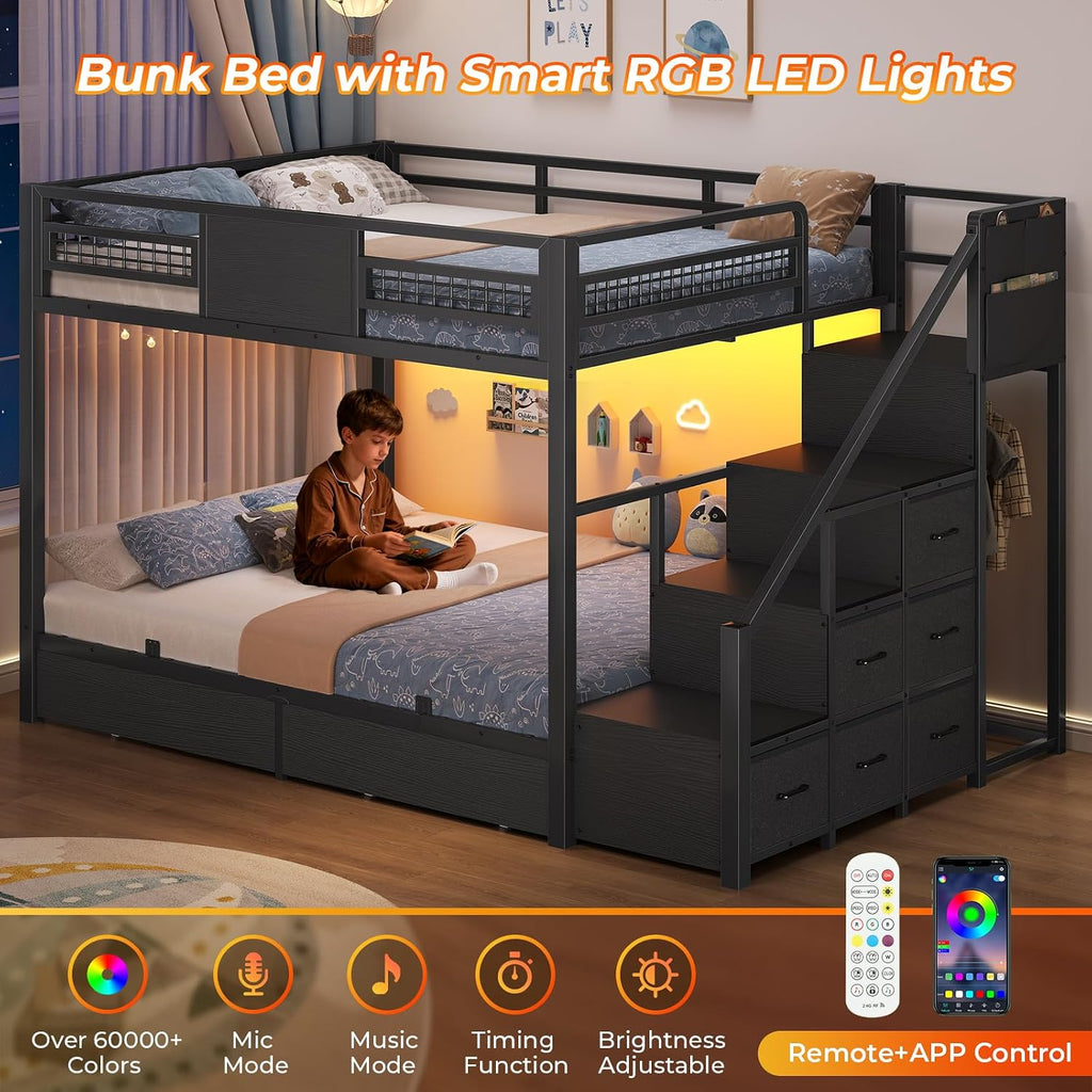 Bunk Bed Full Over Full with Stairs, LED Lights Full Bunk Bed with 2 Storage Drawers & 6 Fabric Drawers