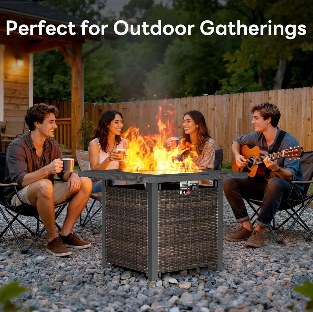 28” Outdoor Fire Pit Table 50,000 BTU, 2-in-1 Rattan Propane Firepit Table with Glass Stones & Lid, Square Fire Table for Patio, Backyard, Deck, or - Image 5