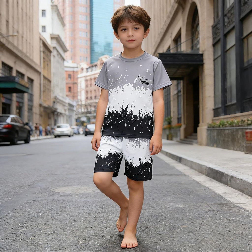 Tween Boy Casual Clothing Set Letter Graphic Colorblock Tee +Shorts Summer Clothing Set