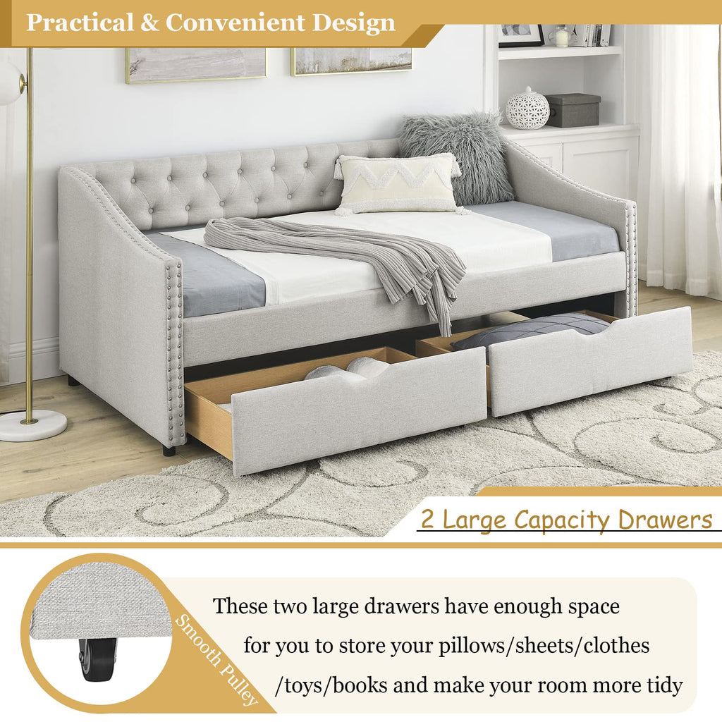 Wood Twin Daybed, Day Bed Frame with 2 Storage Drawers, Upholstered Twin Bed Frame Sofa Couch with Button and