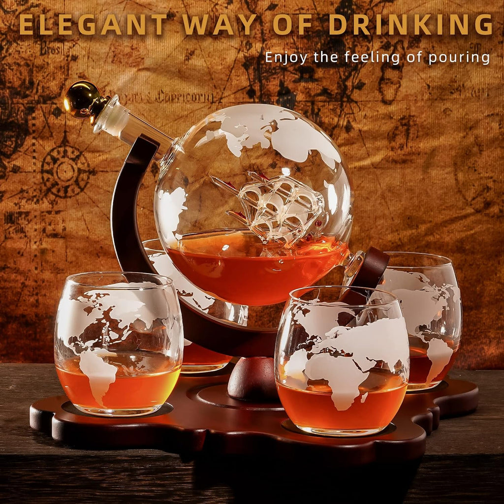 Gifts for Men Dad Husband Fathers Day, Whiskey Globr Decanter Set with 4 Etched Globe Glasses, Unique Anniversary