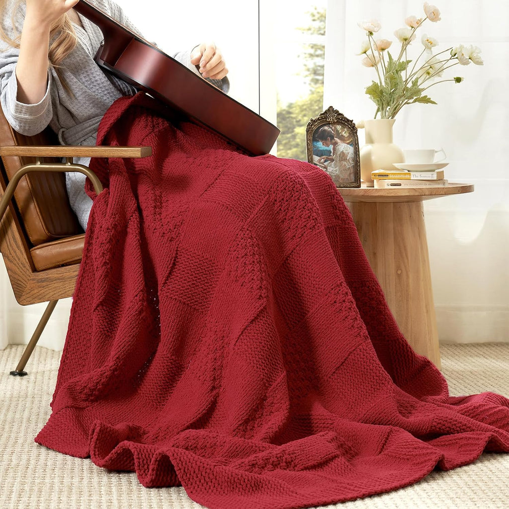Checkered Knit Throw Blanket for Couch, Christmas Red, 50"x60"