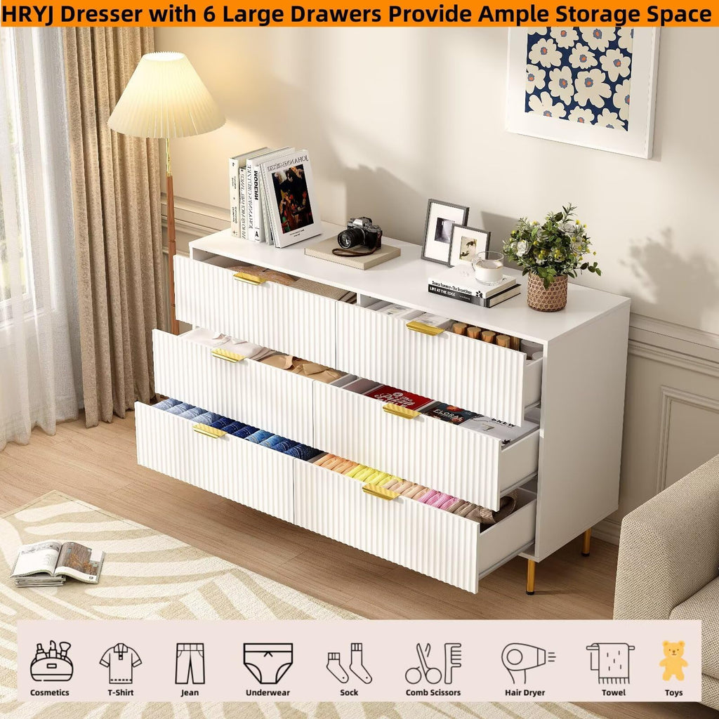 56" Wide Modern White Fluted 6 Drawers Dresser with Gold Handle