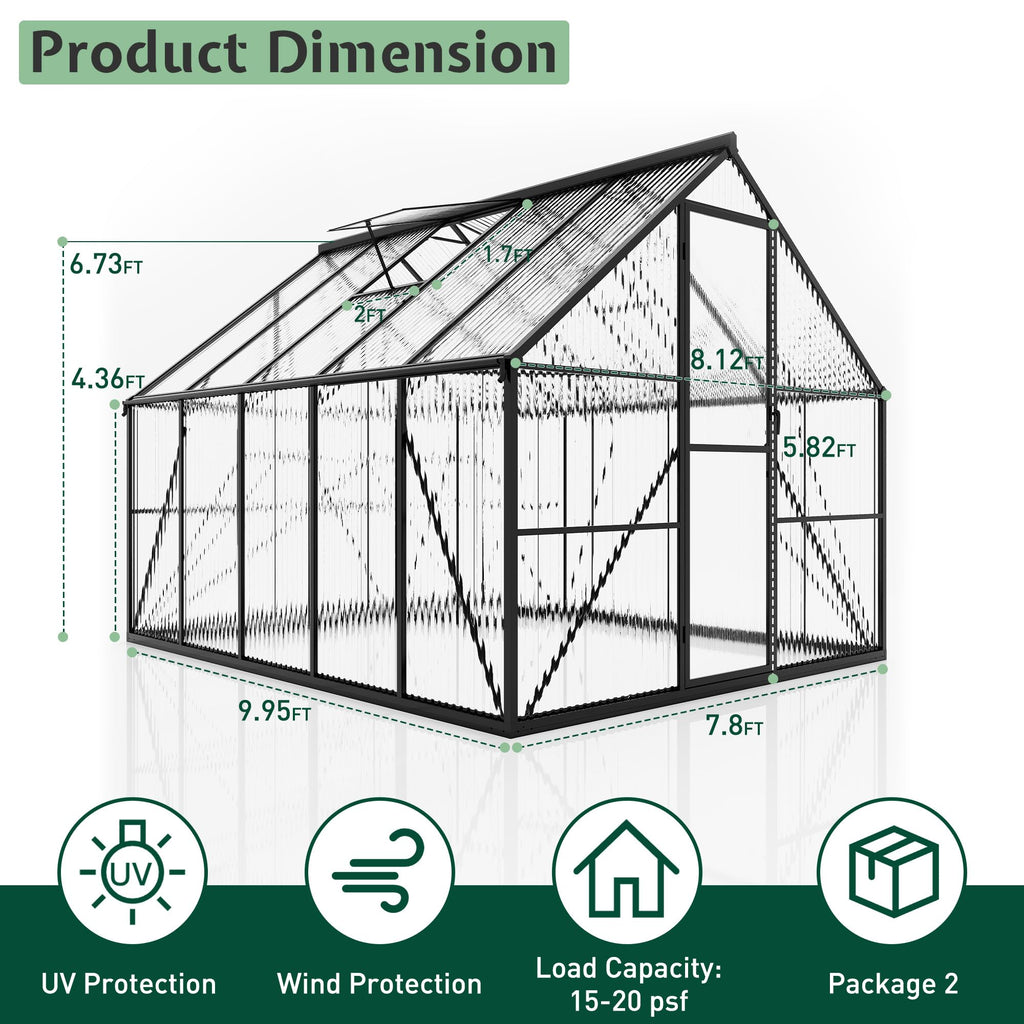 8x10 FT Walk-in Polycarbonate Greenhouse with 2 Top Windows