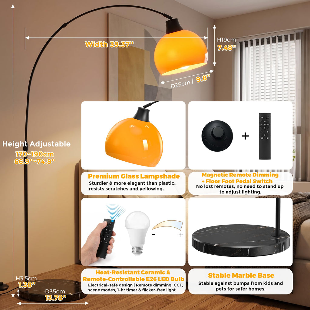 Inspired Arco Style 75" Orange Arc Floor Lamp, Dimmable Standing Lamp with Remote, LED Bulb