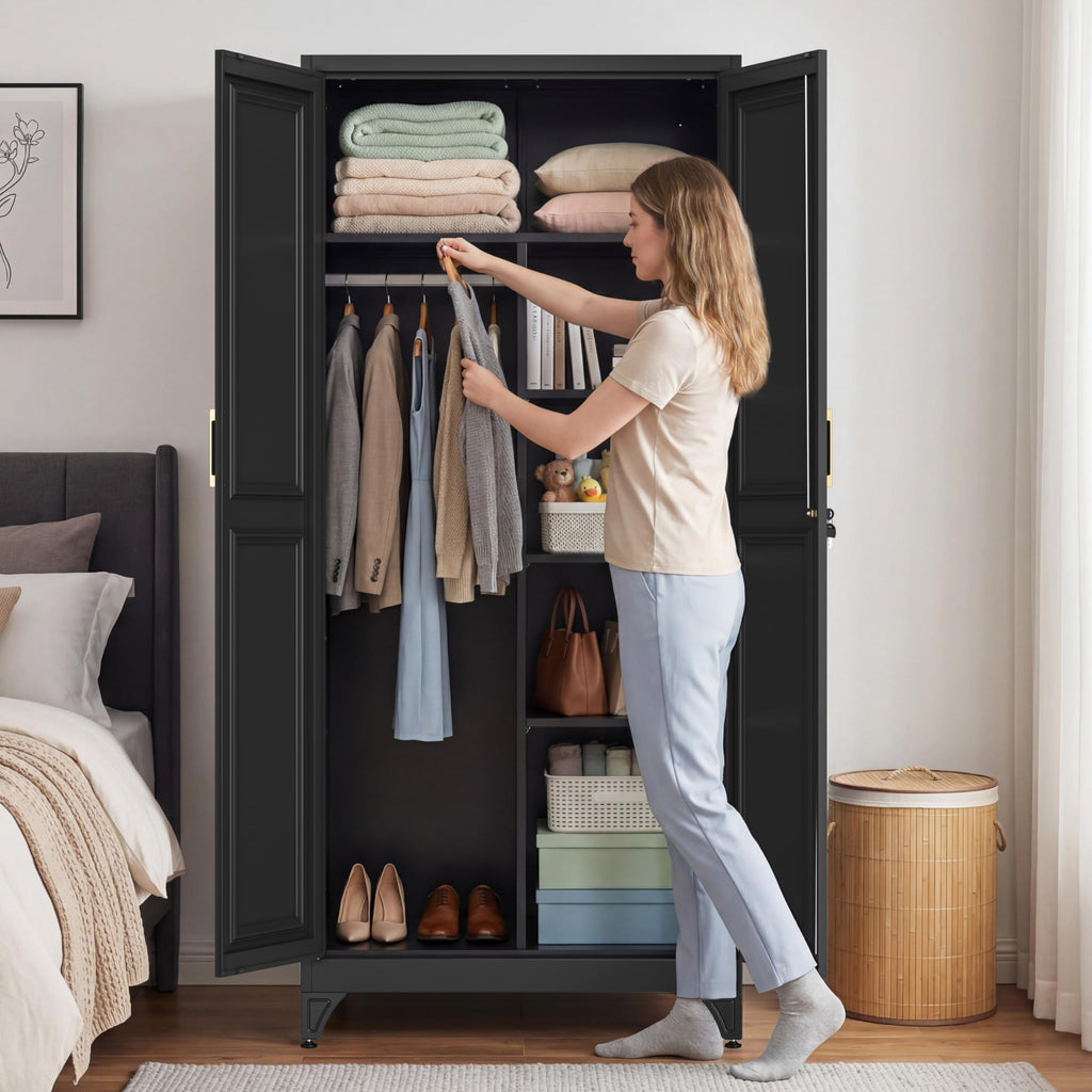 71" Metal Armoire Wardrobe Closet with Doors & Lock, Black
