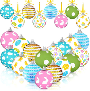 Easter Tree Ornaments for Small Tree Easter Egg Bunny Decorations Hanging Sequin Balls Ornaments Seasonal - Set of 16