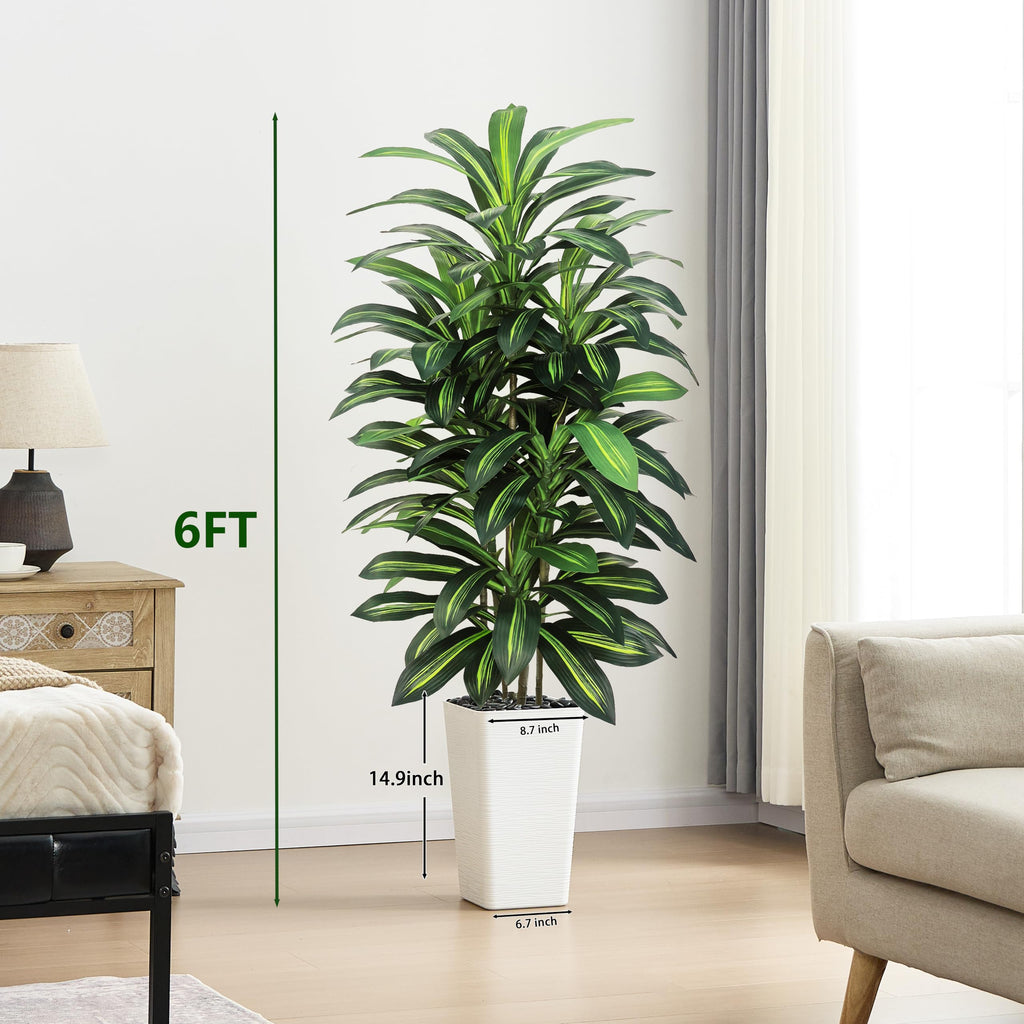 Artificial Dracaena Tree 6FT, faux plants indoor with White Tall Planter